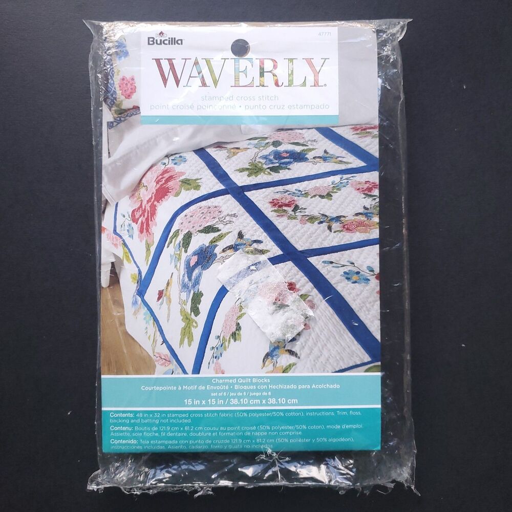 Bucilla Waverly Stamped Cross Stitch FABRIC ONLY Charmed Quilt Blocks Embroidery